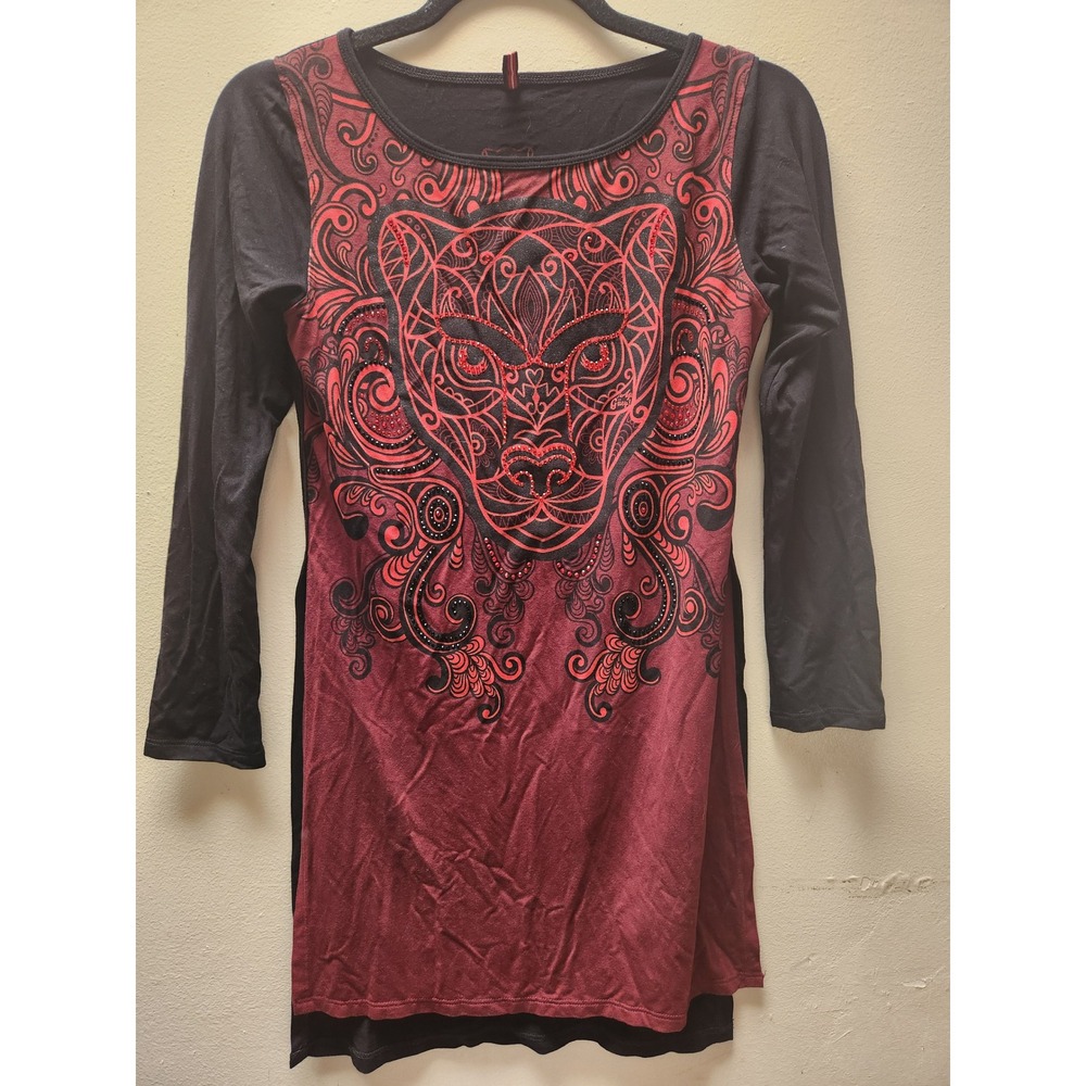 Ay Guey Womens Red Panther Rhinestone Tunic Top/dress Black Burgundy Medium